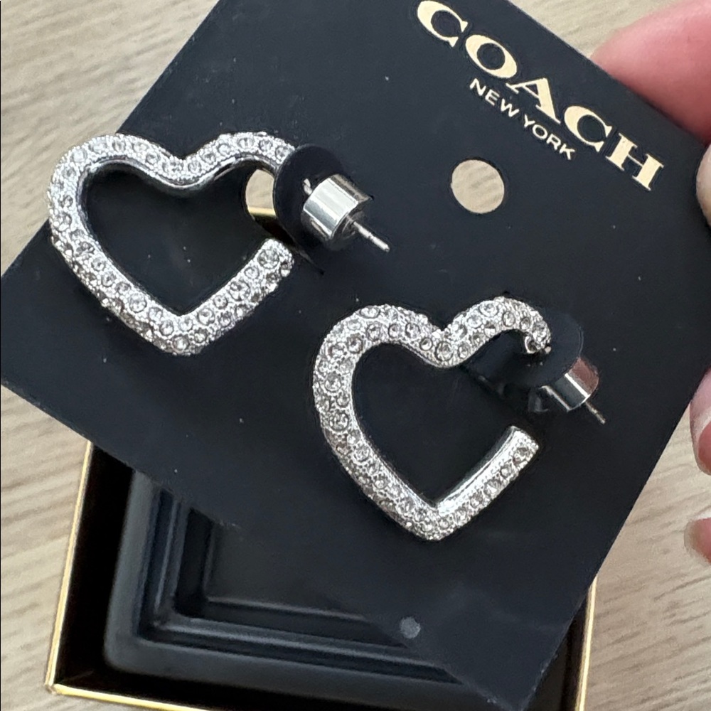 Coach Silver Heart Hoop Earrings with Sparkling Stones - Picture 3 of 4